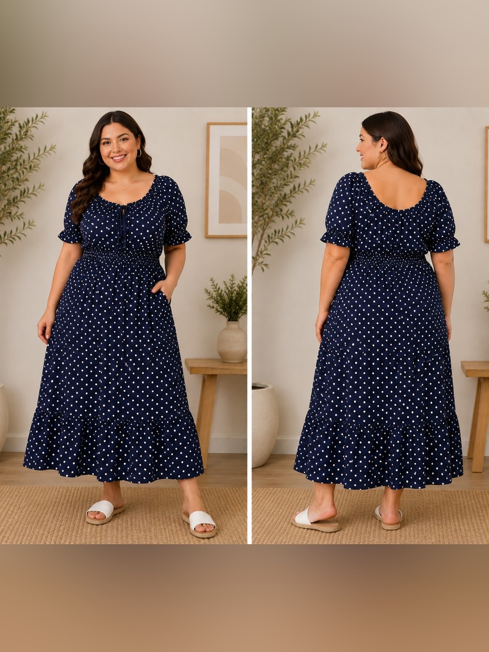 Plus Size Navy Polka Dot Maxi Dress with Shirred Waist